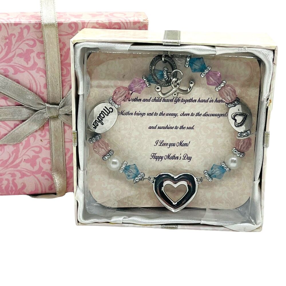 Beaded Bracelet Happy Mothers Day Womens Silver Tone I Love You Mom Toggle Clasp